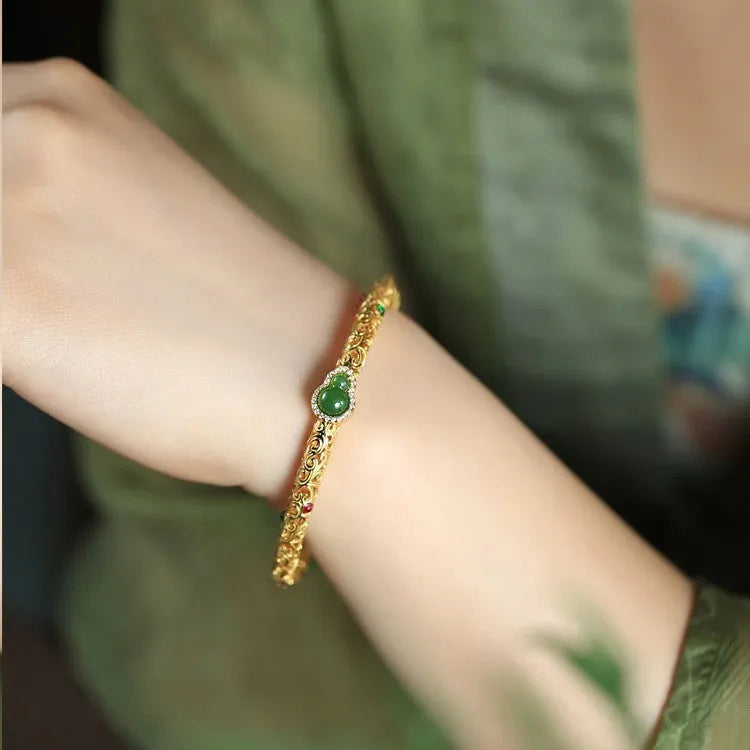 Gold-plated copper bracelet with open retro gourd design for women
