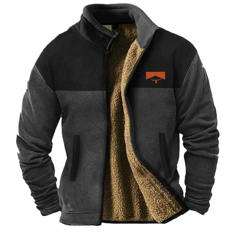 Men's green polyester fleece padded coat on a hanger, regular length.