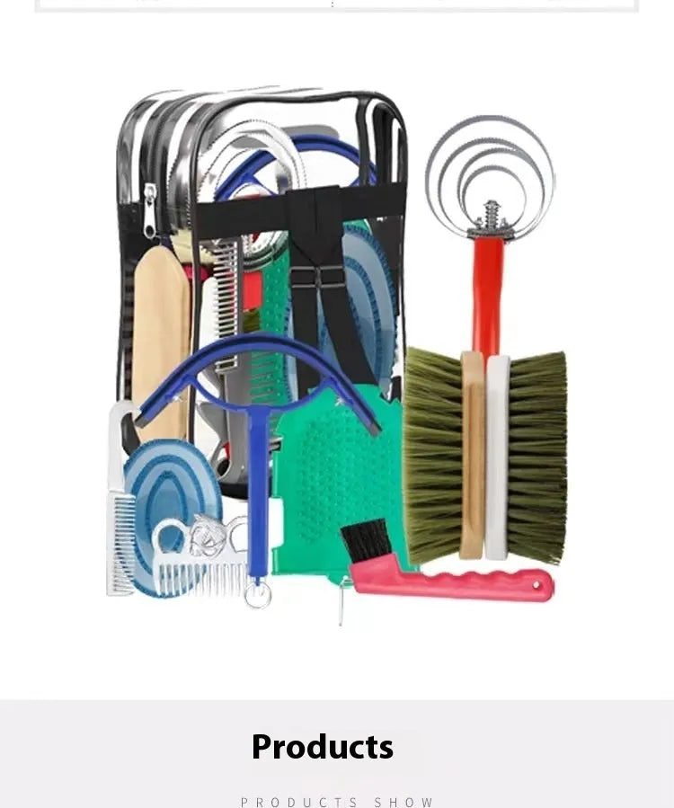 Complete 10-piece horse grooming brush set with storage bag showing brushes, combs and specialised tools