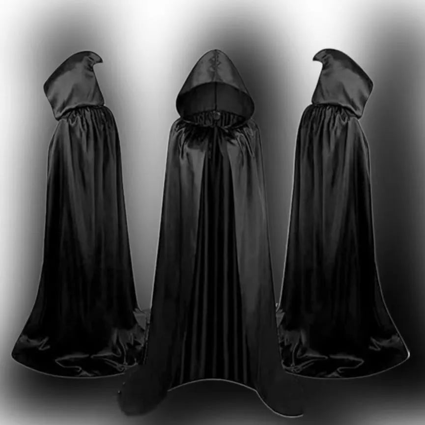 Black satin Halloween cloak with hood for a child, shown with length options.