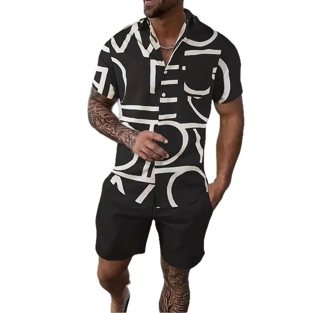 Man wearing a 3D printed Hawaiian-style short sleeve top and matching shorts, a casual polyester leisure suit.