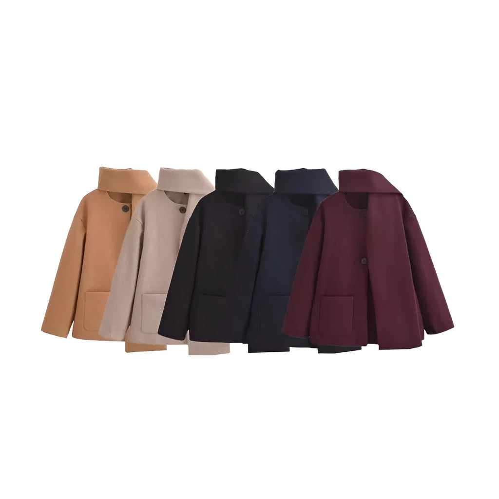 Women's round neck PU coat with zip fastening and patchwork splicing, 50cm length, in camel