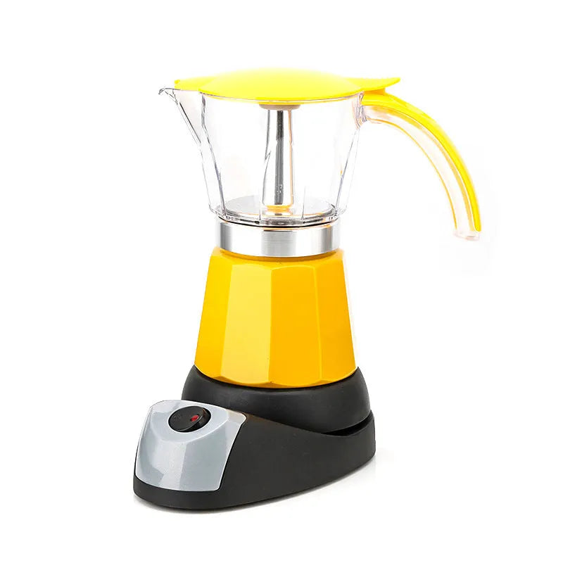 Octagonal electric aluminium moka pot coffee maker in blue colour on a kitchen counter