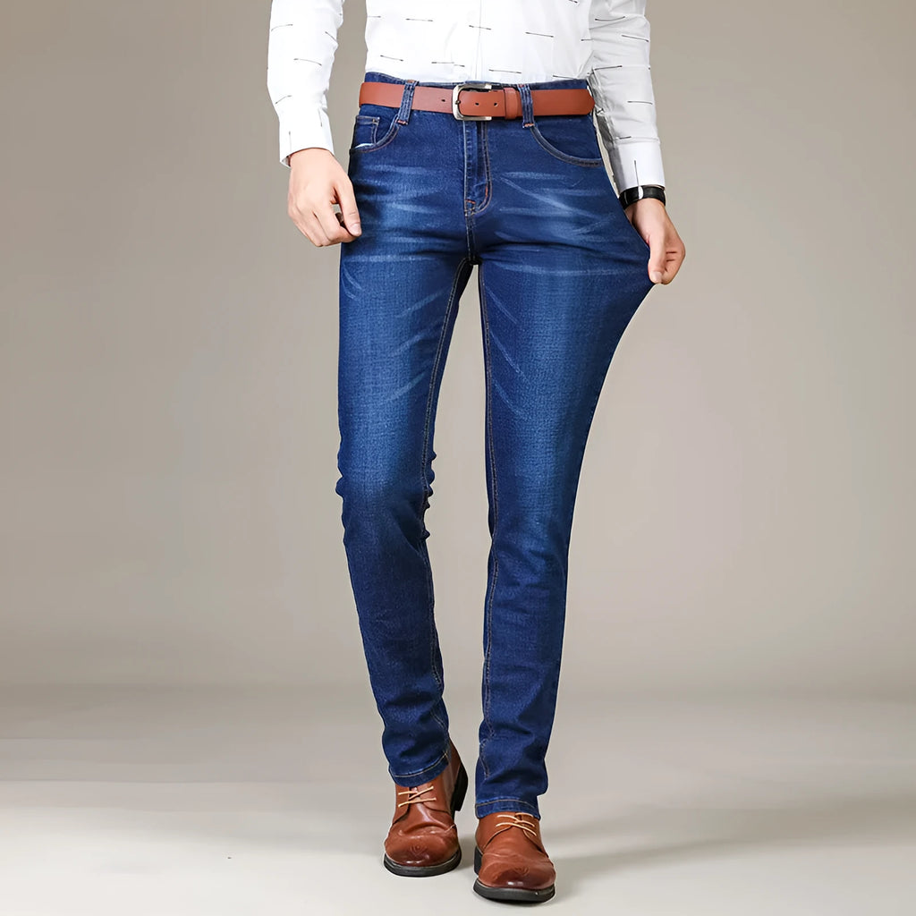 Men's black stretch slim straight business casual jeans in cotton denim