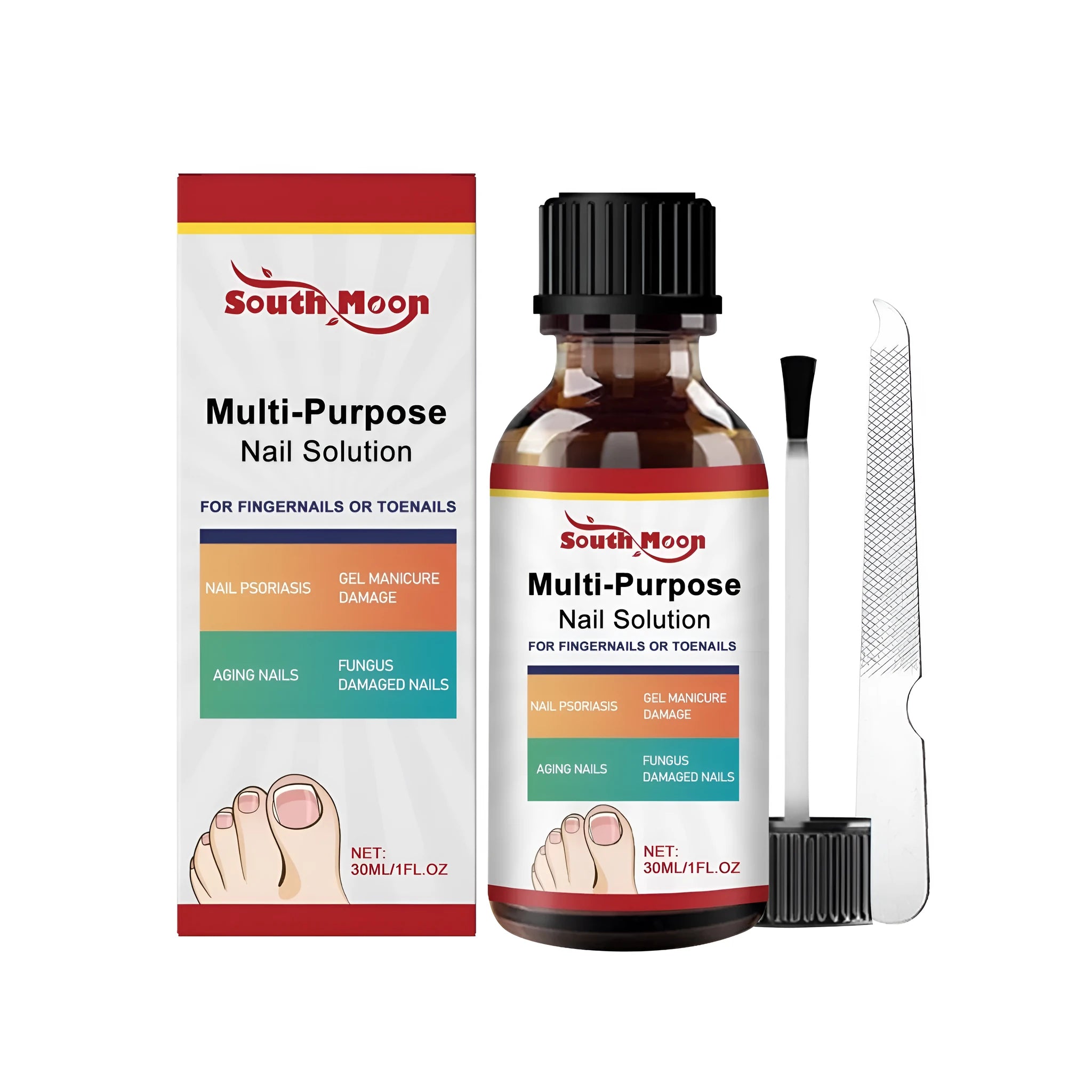 30ml bottle of tea tree oil nail care solution with white willow bark and a nail file.