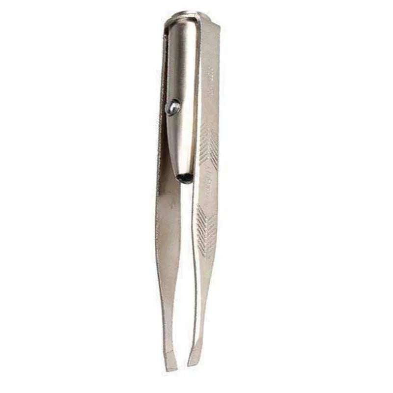 Stainless steel LED beauty tweezers with on/off button, shown with dimensions 8.5cm long.