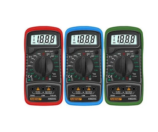 Handheld digital multimeter display showing 1999 counts on yellow meter with test leads and temperature wire accessories