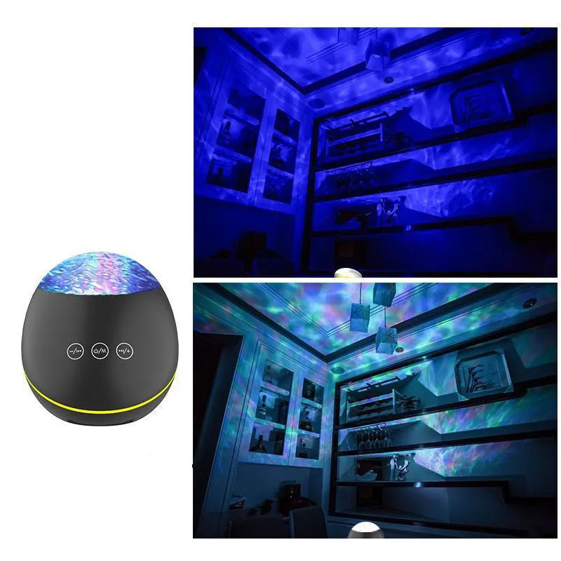 Coversage ocean wave projector LED night light with Bluetooth speaker in black, showing wave projection on wall