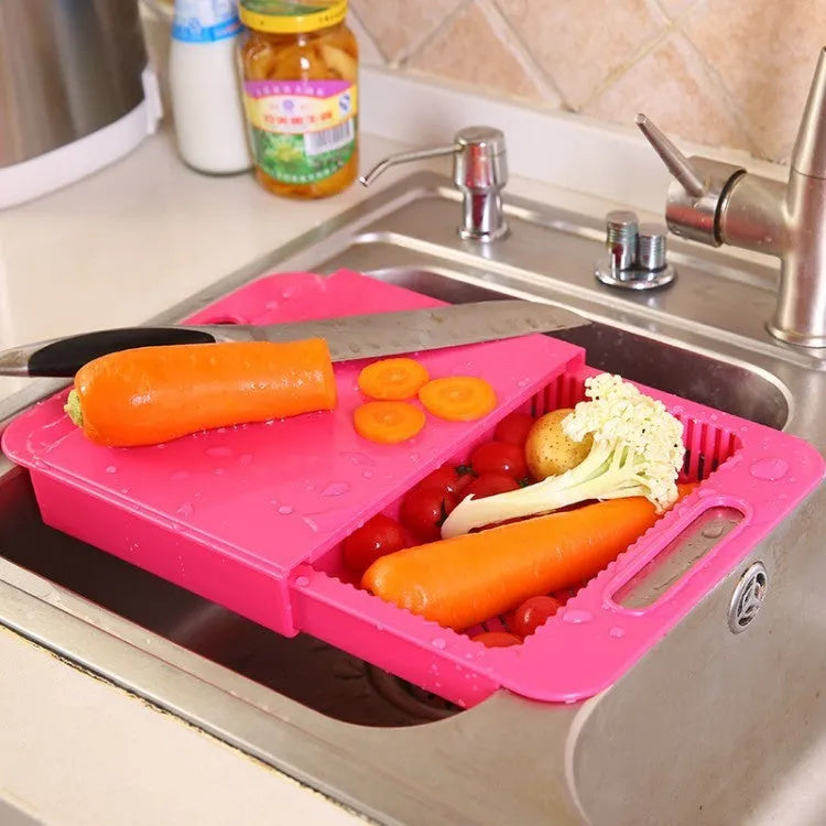Multifunction kitchen chopping board with sink drain basket, PP body and TPE handle, 36x23x4cm, in blue green rose yellow