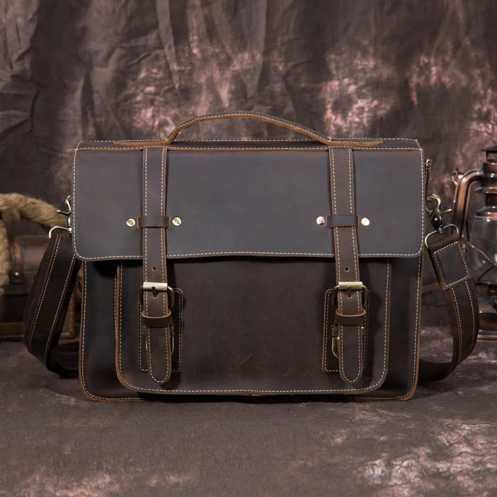 Men's first layer crazy horse leather handbag in dark brown, 36cm x 9cm x 27cm shoulder messenger bag