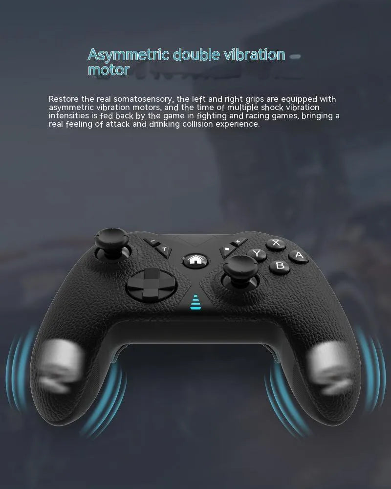 Black wireless game controller with ergonomic handles and leather-like texture, shown with Type-C cable