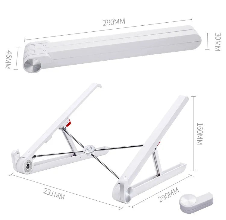 White foldable laptop stand bracket for Apple MacBook on a desktop.