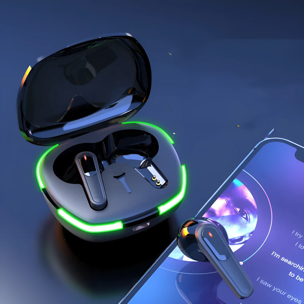Black matte-finish Bluetooth headset with half-in-ear design and a USB charging case