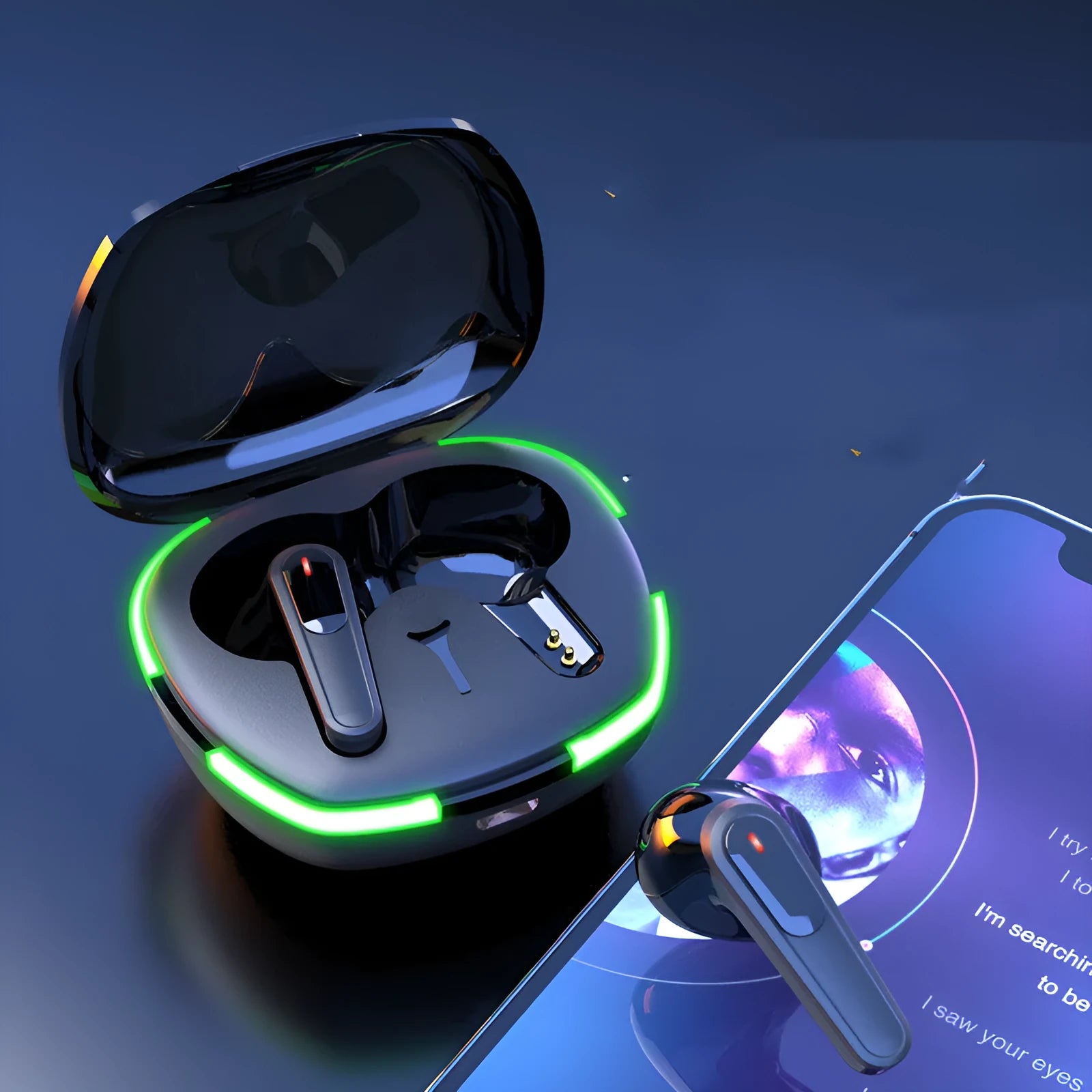 Black matte-finish Bluetooth headset with half-in-ear design and a USB charging case