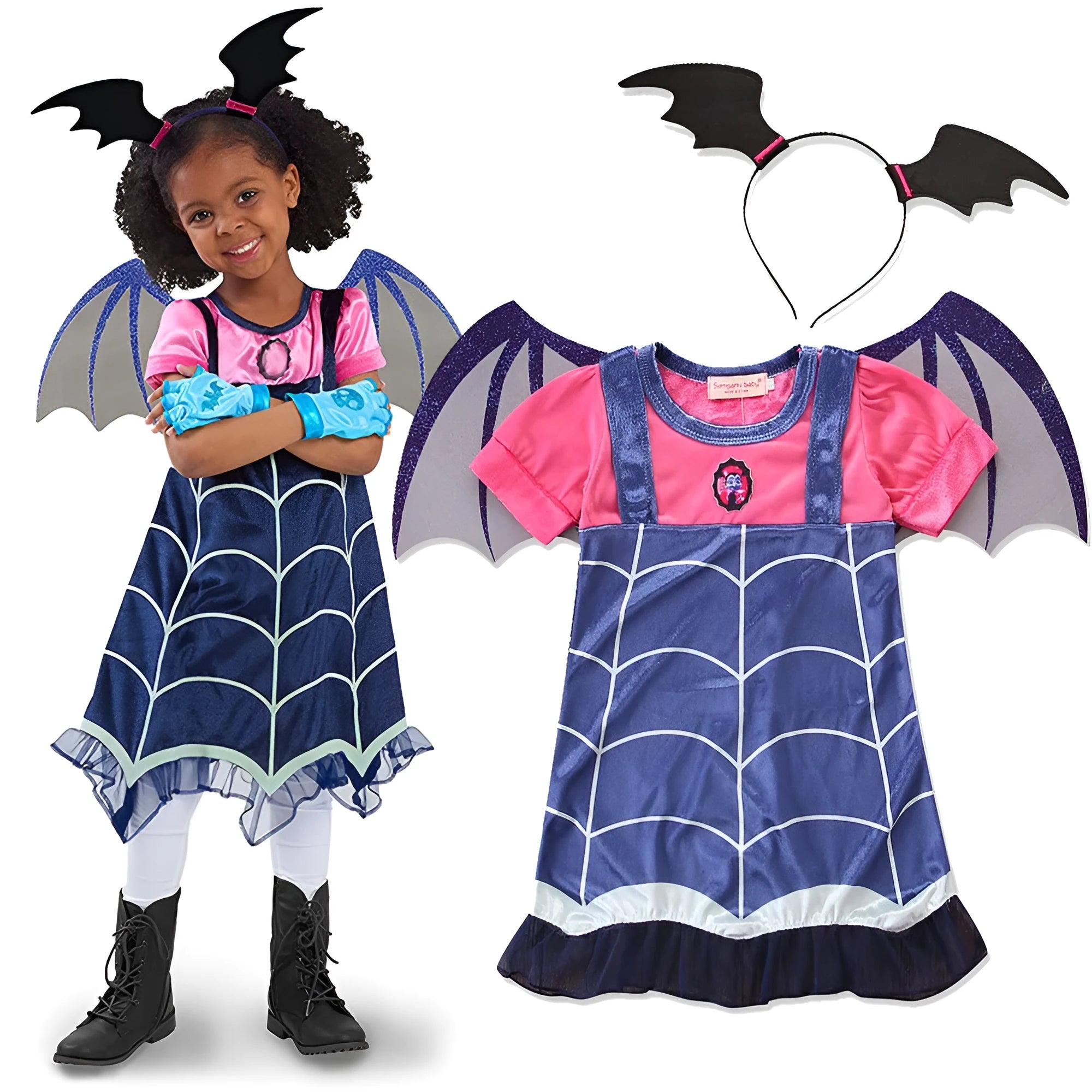Blue cotton princess Halloween dress for young children with short sleeves