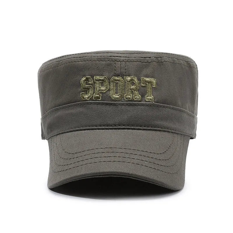 Men's flat-top cotton peaked cap in army green with an adjustable strap and embroidered lettering on the front.