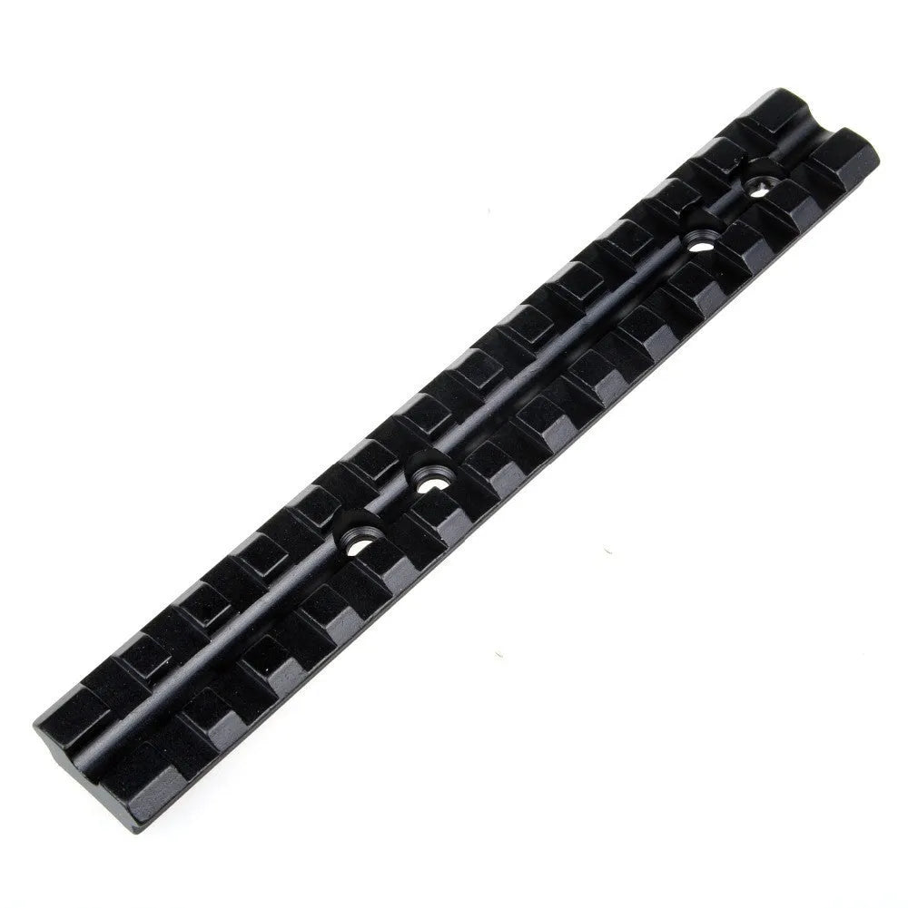 Black aluminium alloy shotgun scope mount with Picatinny rail, Allen key, and four mounting screws