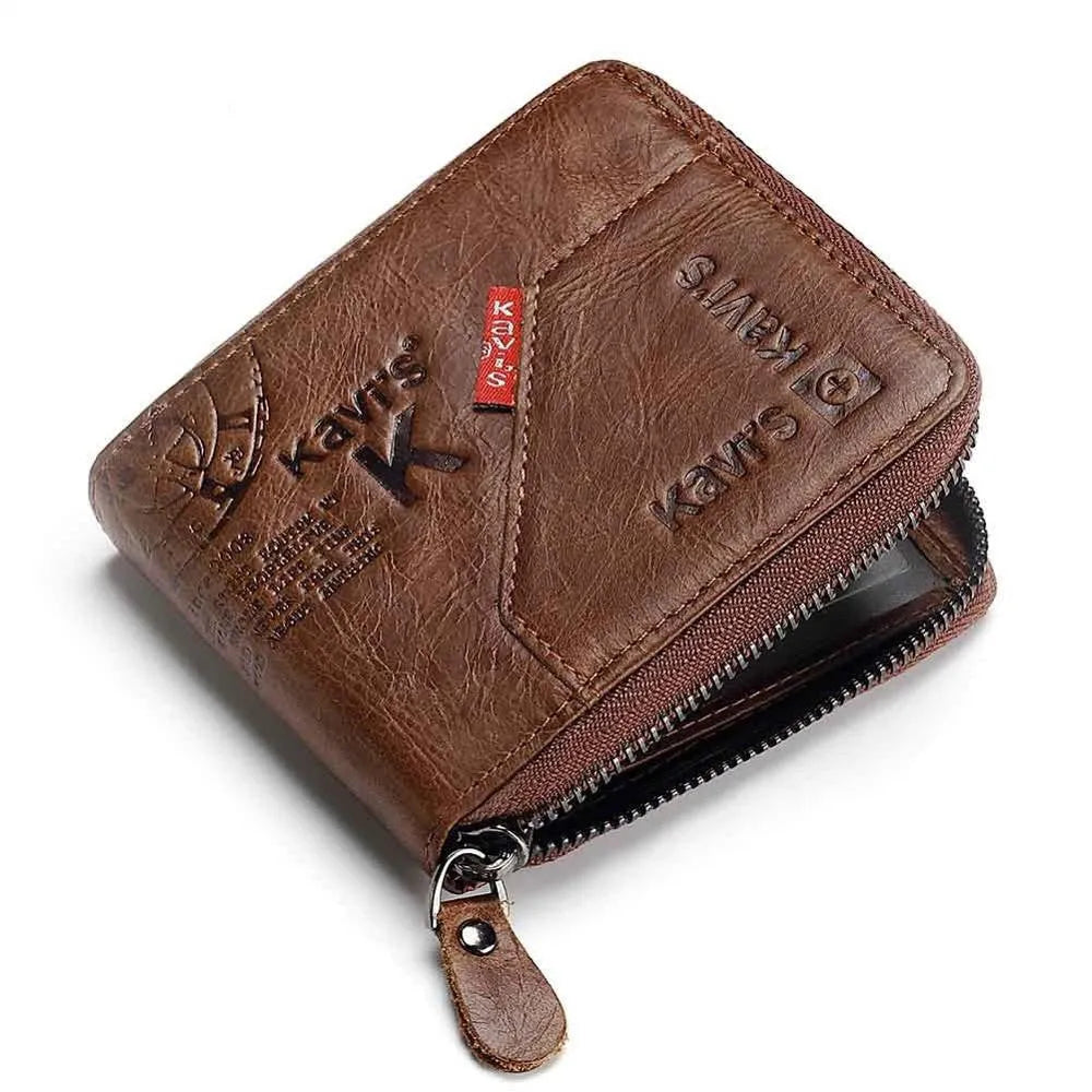 Men's brown genuine leather wallet with multiple compartments and zipper closure