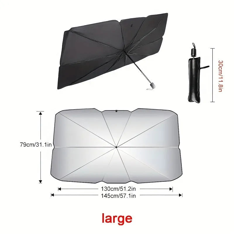 Foldable car windscreen sunshade umbrella open on a vehicle windscreen