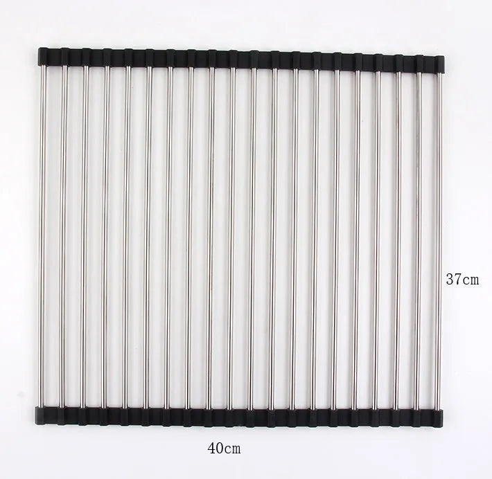 Folding stainless steel kitchen sink drying rack in red colour, shown extended for use.