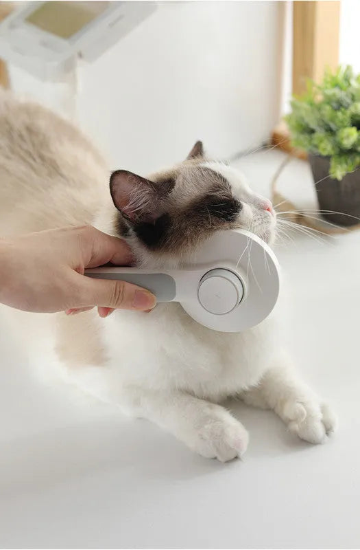 Round handle pet pass-through comb with stainless steel needles and self-cleaning button in pink colour