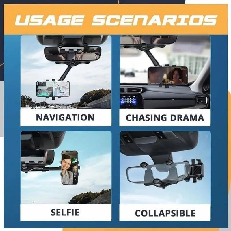 Black rearview mirror car phone holder with telescopic arm and four-claw bracket on a car mirror.