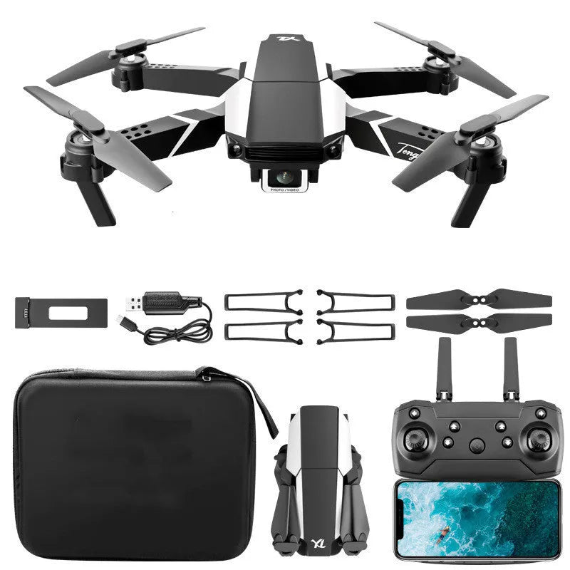 S62 folding quadcopter drone in black with arms extended and camera visible against white background