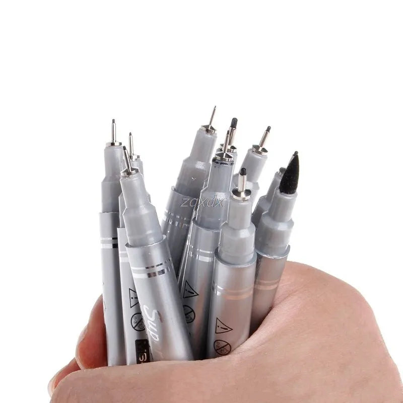 10-pieces fineliner drawing pen set with tip sizes 005 to 20, black ink, plastic body, waterproof pigment ink
