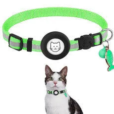 Striped polyester AirTag pet collar with reflective stripes and bell in black, orange, sky blue, pink, dark blue or purple