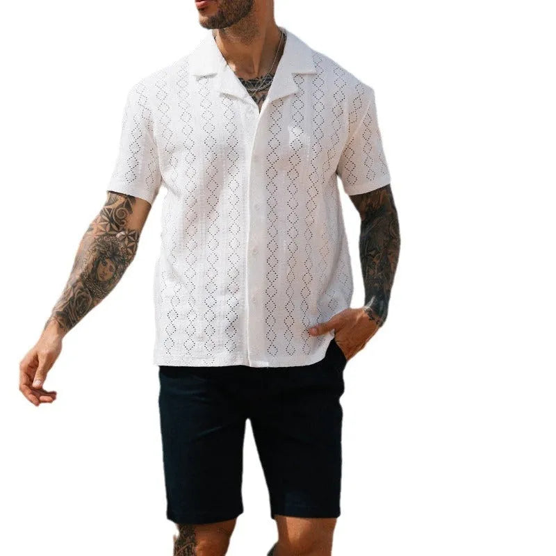 Men's hollow shirt slim fit woven polyester dotted casual top in white and black, sizes S to XXXL