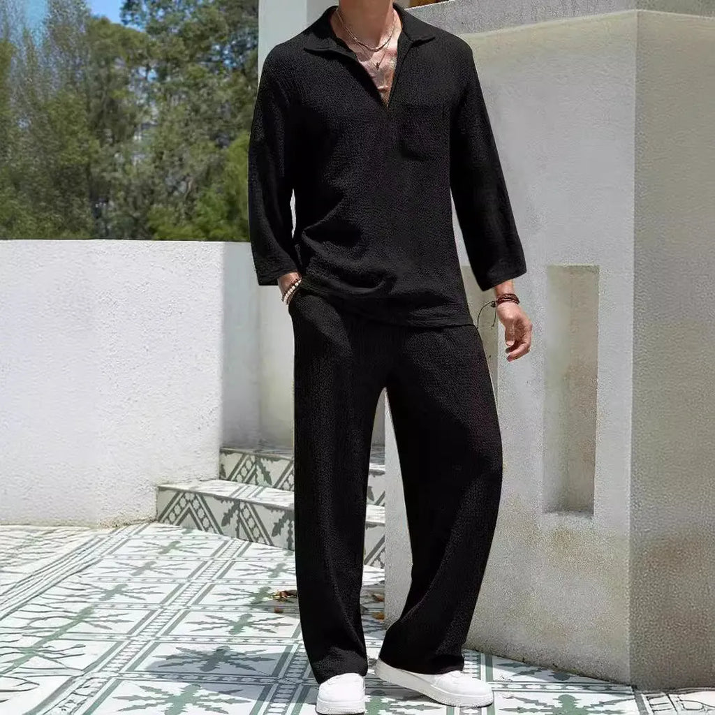 Men's casual commuter suit set in polyester, showing shirt and trousers in a choice of four colours.