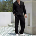 Men's casual commuter suit set in polyester, showing shirt and trousers in a choice of four colours.
