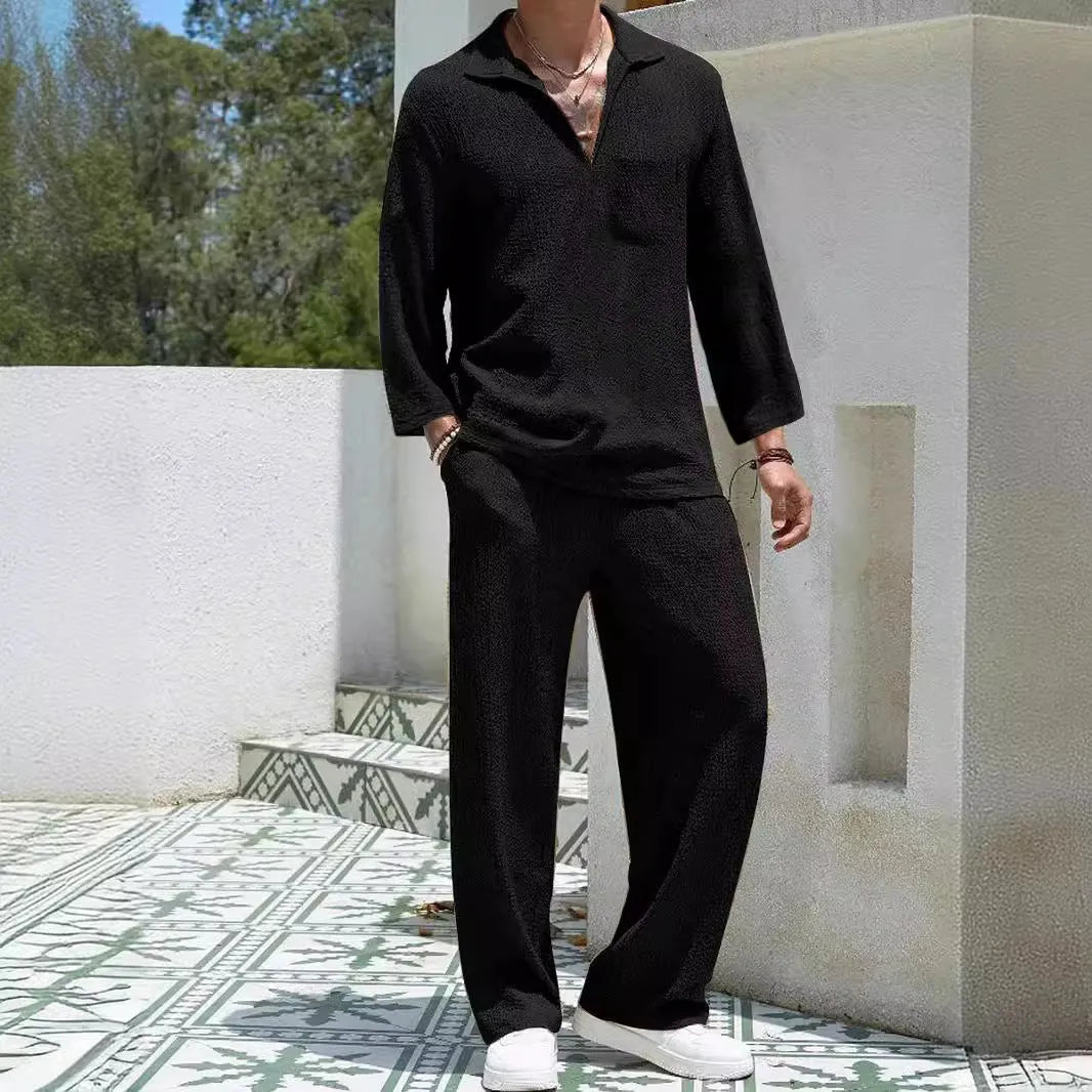 Men's casual commuter suit set in polyester, showing shirt and trousers in a choice of four colours.