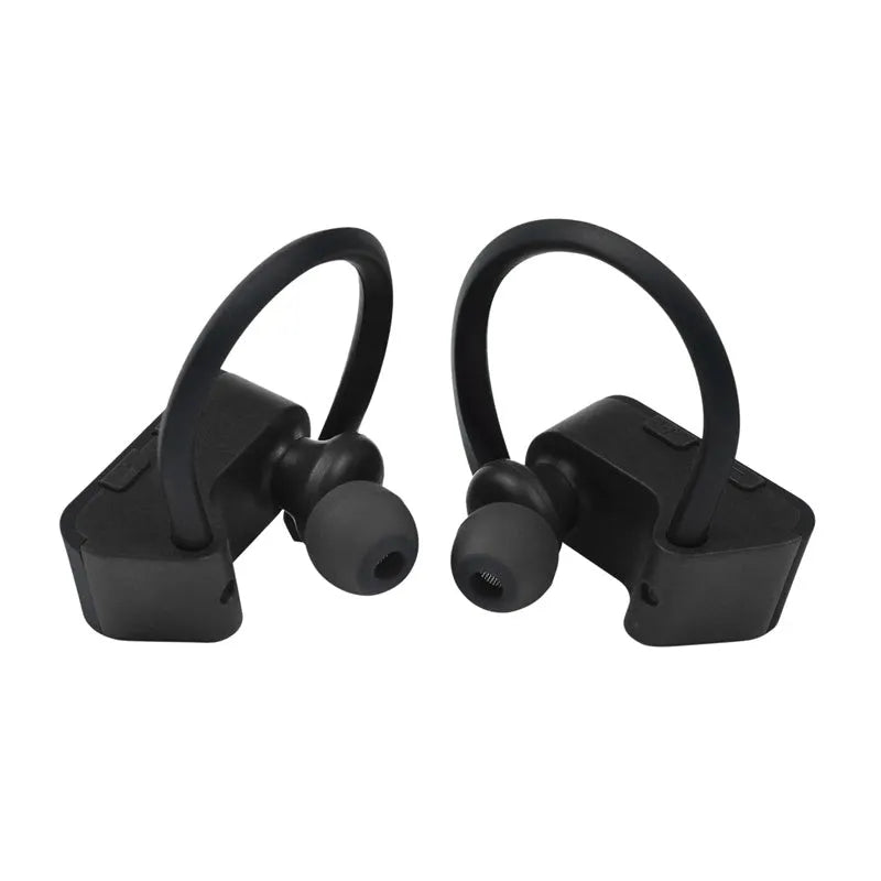 Black wireless Bluetooth V5.0 in-ear headphones with ergonomic design and control buttons.