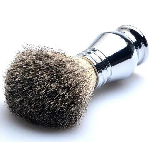 CSB chrome and black shaving set with safety razor, badger hair brush, stand, bowl, blades, and gift box.