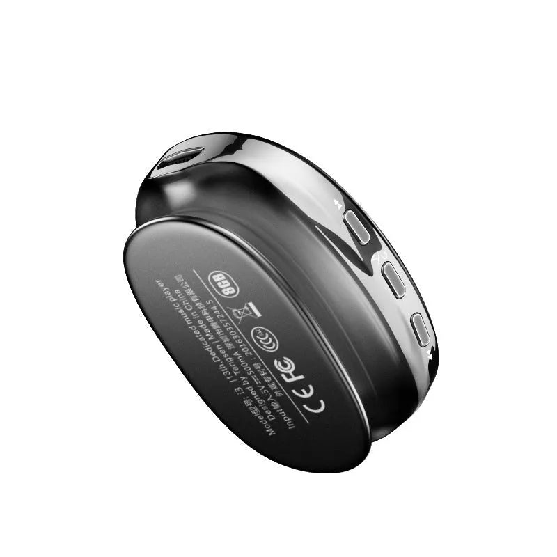Blue Bluetooth MP4 music player with OLED screen showing music menu.