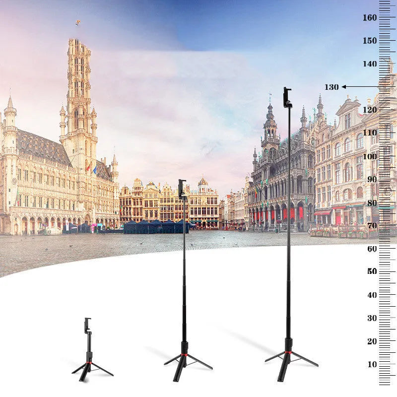 Selfie stick mobile phone Bluetooth universal tripod in army green with aluminium alloy and ABS frame, 40mAh battery, and compact folded size