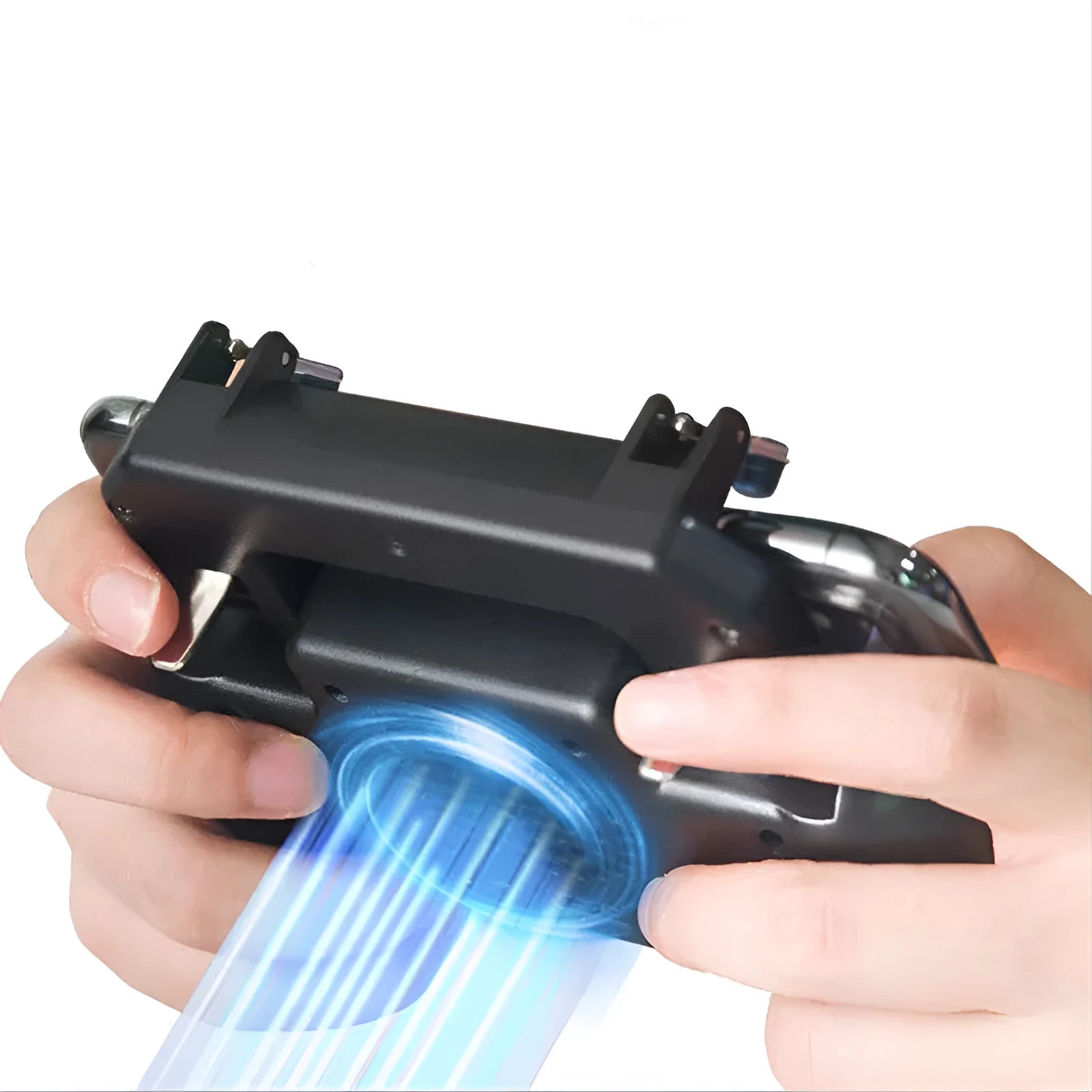 USB mobile game controller for smartphones with aluminium alloy construction on a dark surface.