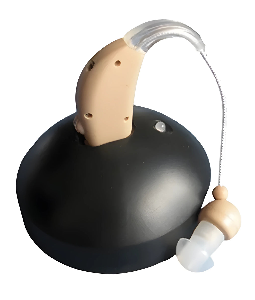 Rechargeable behind-the-ear digital hearing aid amplifier with plastic housing and Mini ear design.