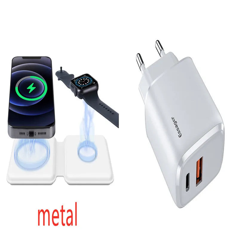 White foldable 2-in-1 magnetic wireless charger for phone and watch, showing 180° hinge.