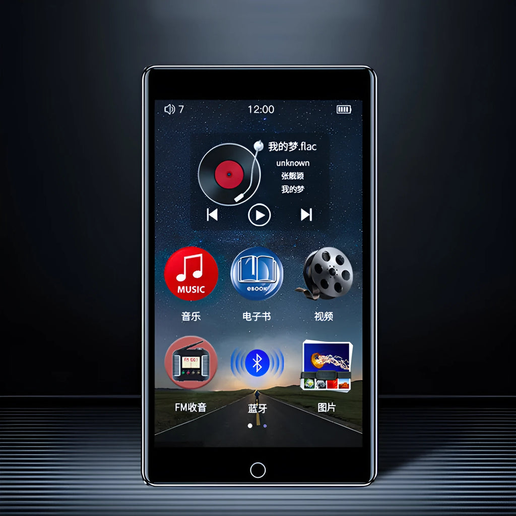 Black Ruizu H1 portable media player with 4-inch touch screen showing its menu interface.