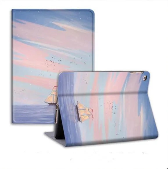 Silicone book-style iPad cover with dreamy painting style sailing motif, fits many iPad models