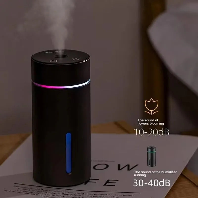 Black aluminium car humidifier with 260ml water tank and USB cable for vehicle or office use