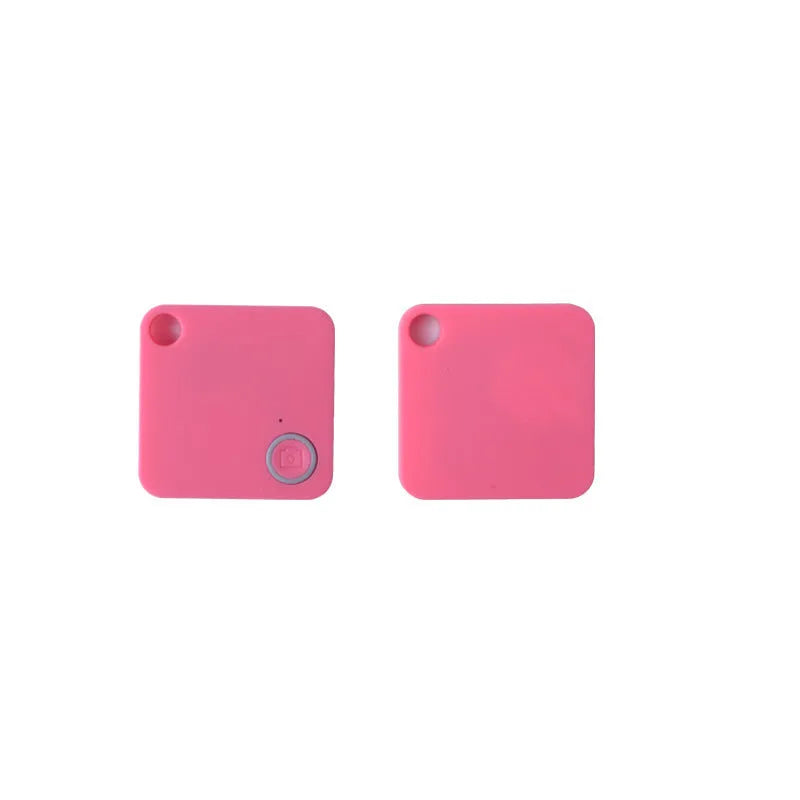 Anti-lost device in black ABS plastic, 38x38x7mm, with keyring attachment on white background