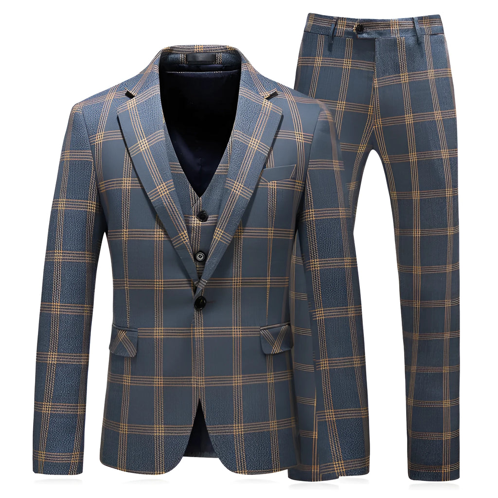 Men's yellow check three-piece business wedding suit set with vest, trousers, and coat
