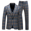 Men's yellow check three-piece business wedding suit set with vest, trousers, and coat