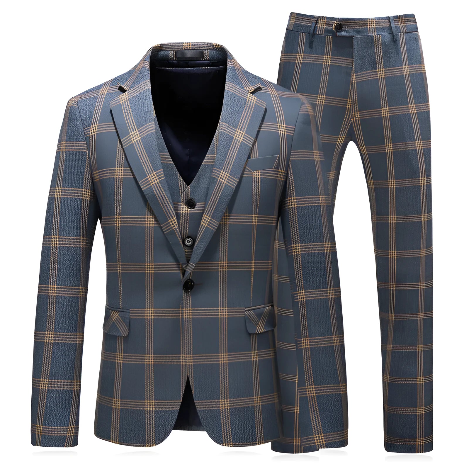 Men's yellow check three-piece business wedding suit set with vest, trousers, and coat
