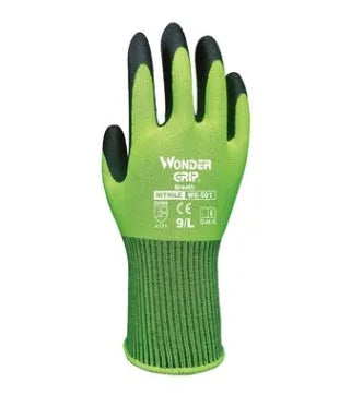 Fluorescent yellow nitrile dipped gardening gloves with knit lining and long sleeve cuffs in sizes S M L