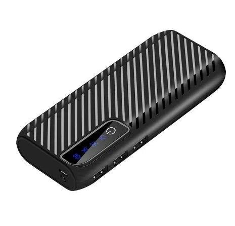 20000mAh portable mini power bank in black showing dual USB output ports and compact size
