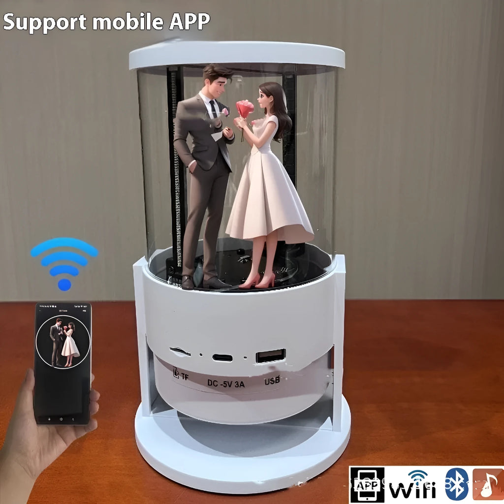 360-degree 3D holographic fan Bluetooth speaker with 10cm cylindrical screen and 160 LEDs in white
